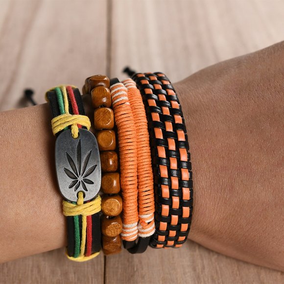 Unisex Jamaica Rasta Braided Leather Bracelet Set - Picture 4 of 4